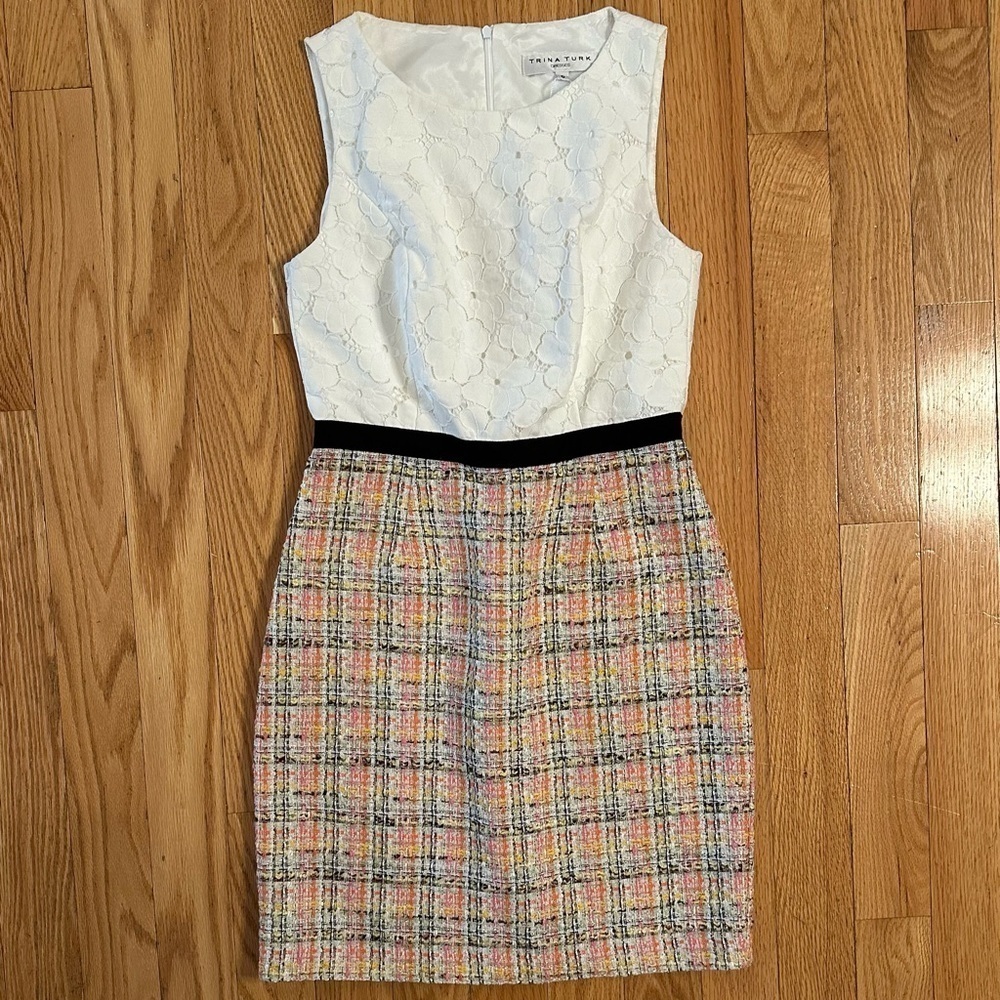 Trina Turk Kira Dress White Lace Top Tweed Skirt Sleeveless Lined Sz 6 Women NWT